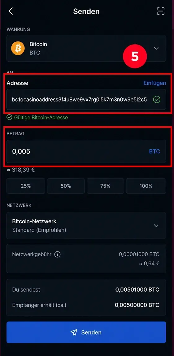 Bitcoin an Casino Wallet senden mit BTC Betrag