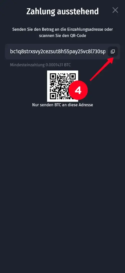 Bitcoin Casino Wallet Adresse und QR Code für Einzahlung