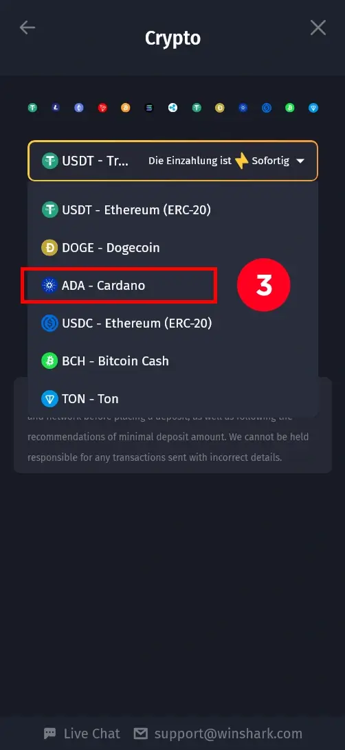 Cardano Einzahlung auswählen im Online Casino