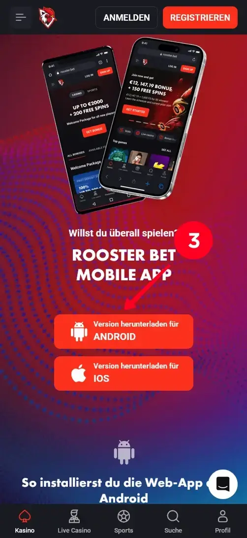 Auswahl zwischen Android und iOS für den Casino App Download
