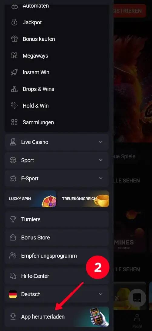 Casino App im Menü herunterladen