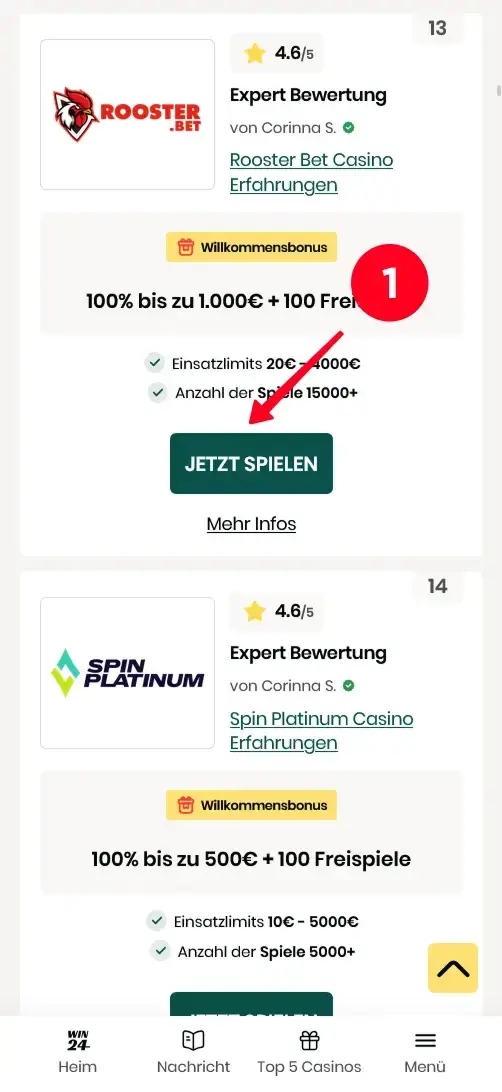 Auf „Jetzt Spielen“ klicken um die Casino Webseite zu öffnen