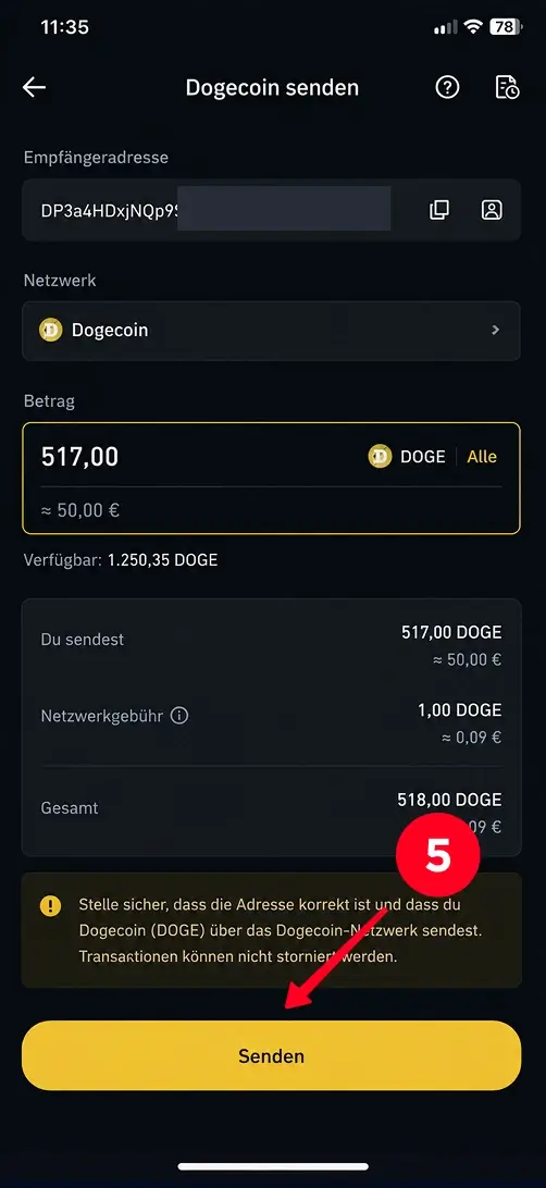 Dogecoin Transaktion an Casino senden