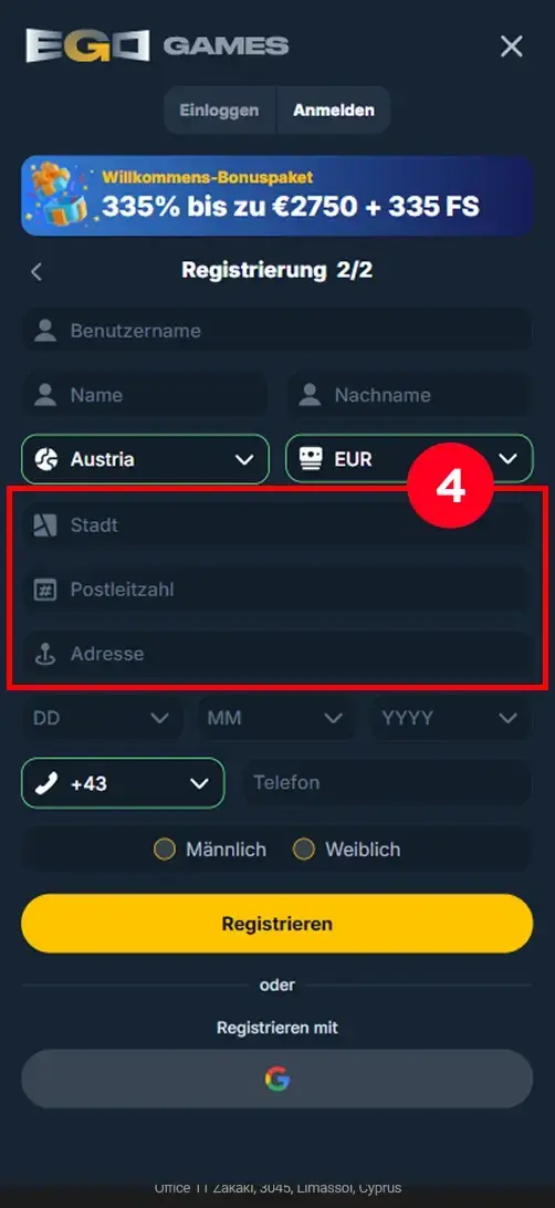 EgoGames Casino Registrierung Adresse