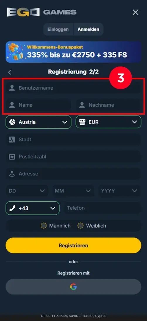 EgoGames Casino Registrierung Benutzername