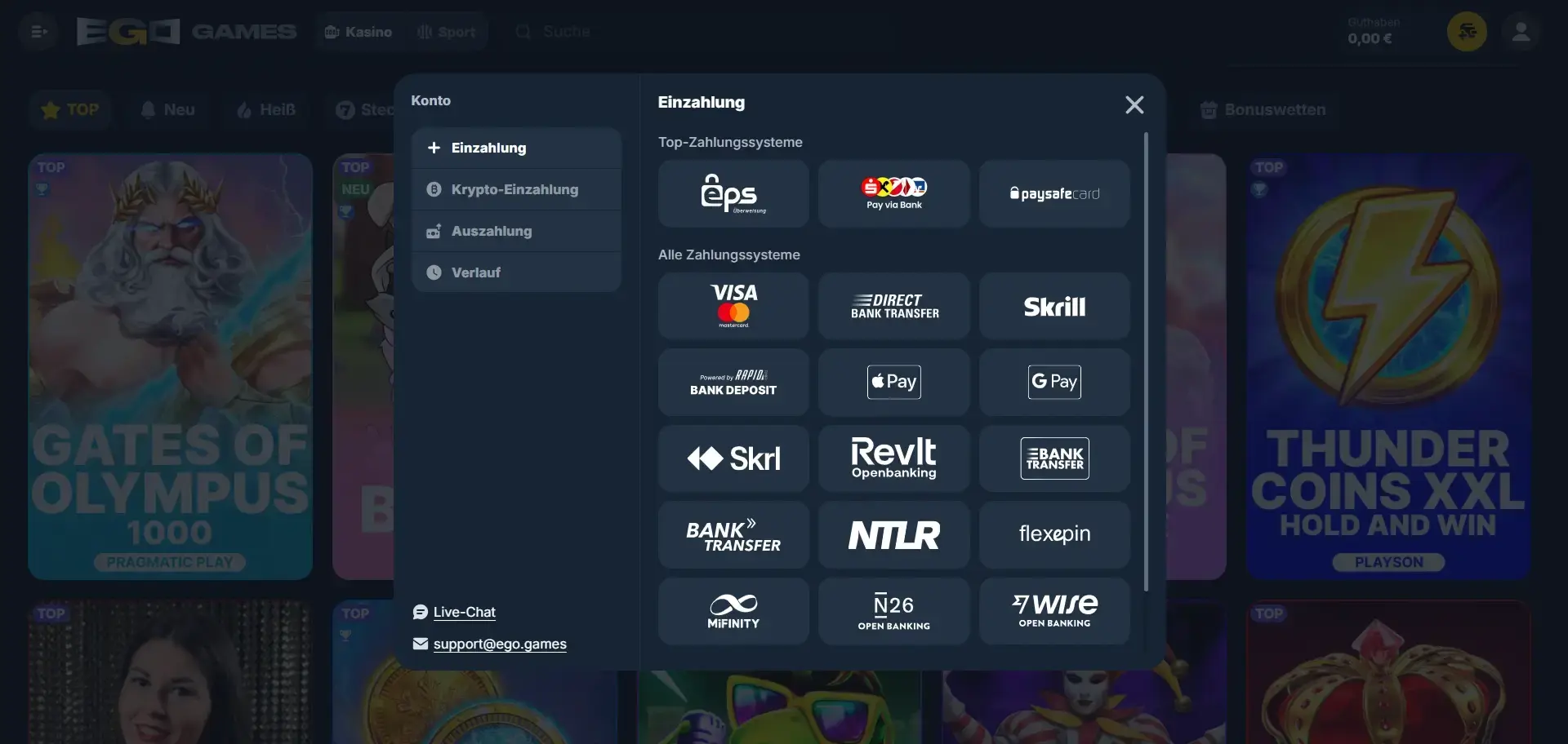 EgoGames Casino Zahlungsmethoden
