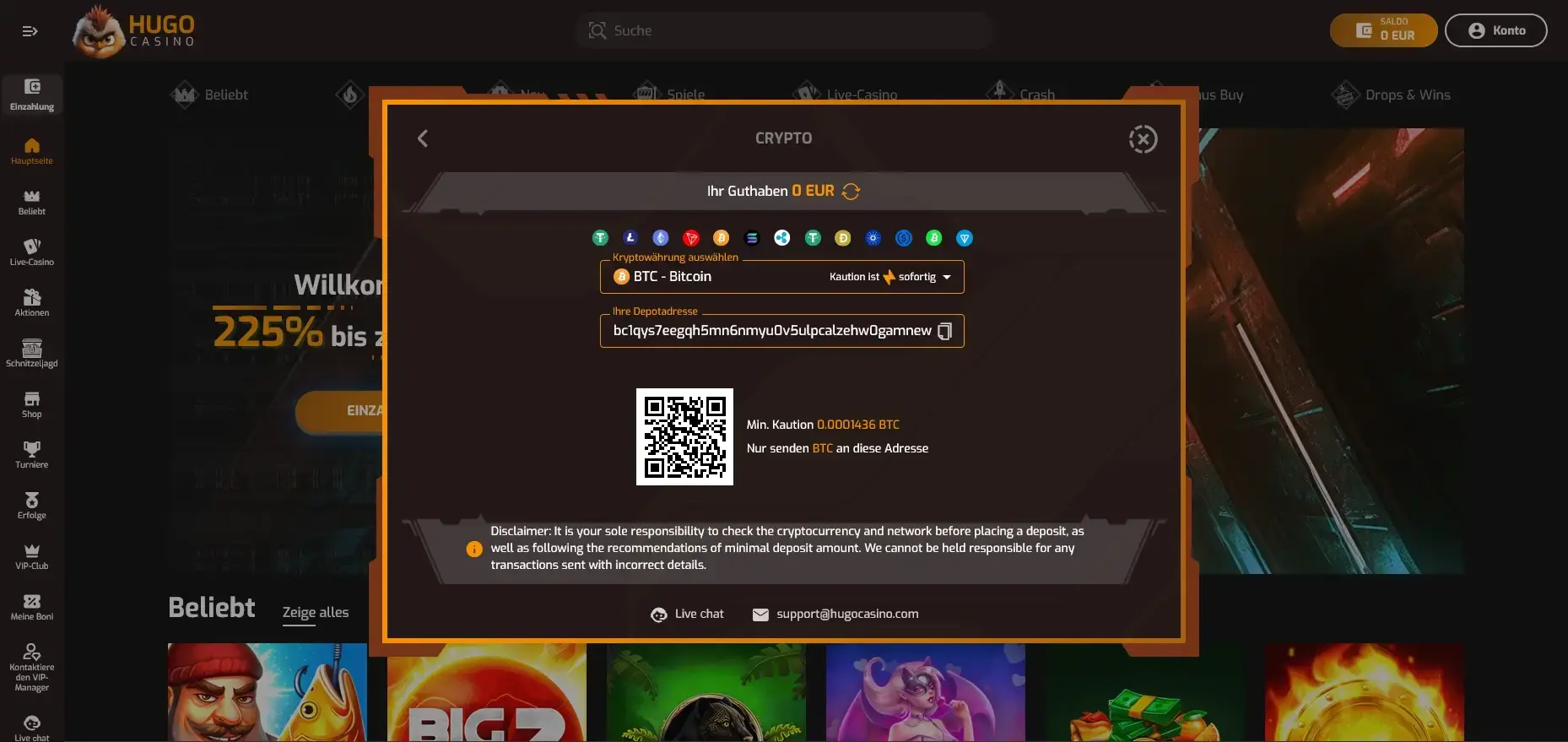 Hugo Casino Bitcoin Einzahlung mit QR Code