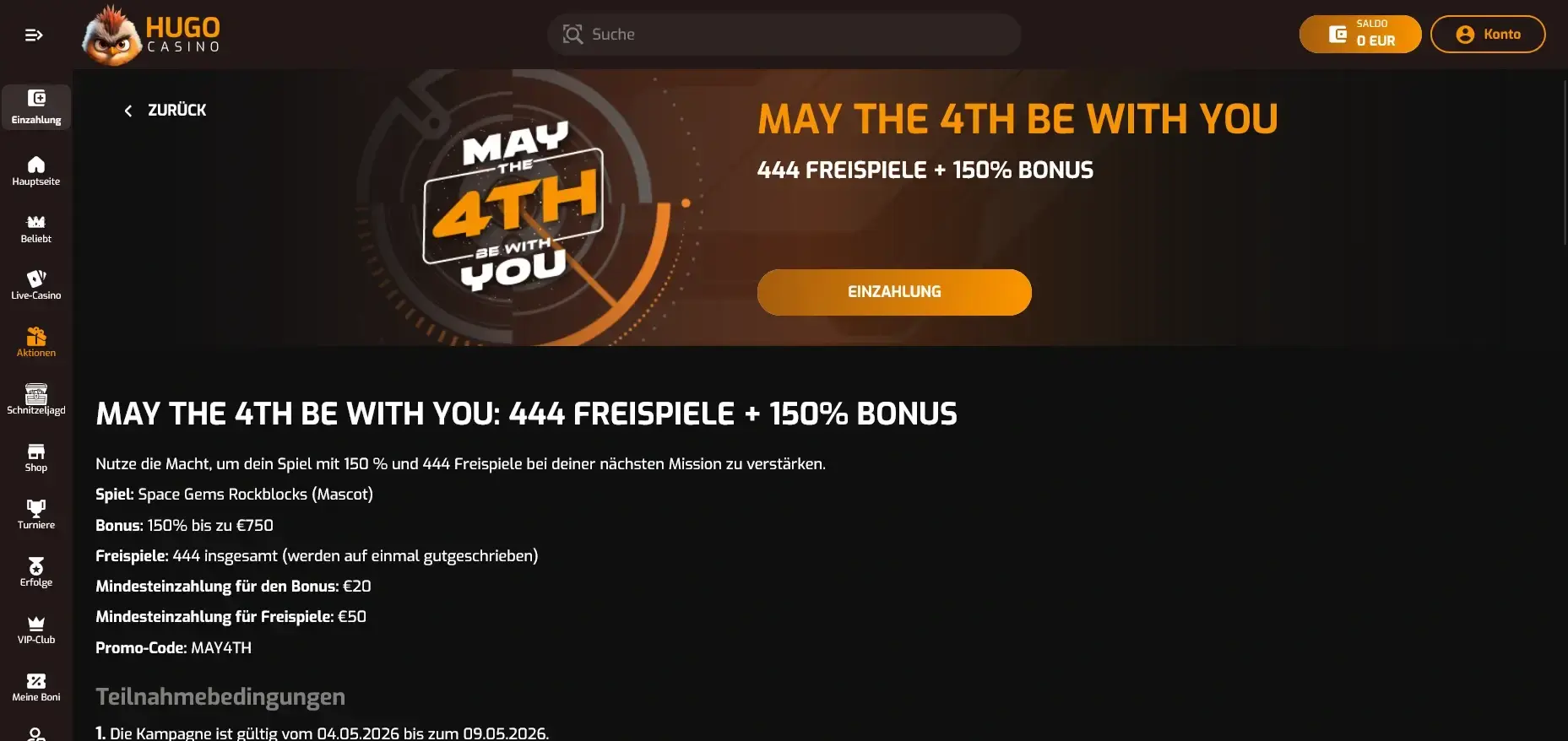Hugo Casino Reload Bonus Code mit Freispiele und Einzahlung