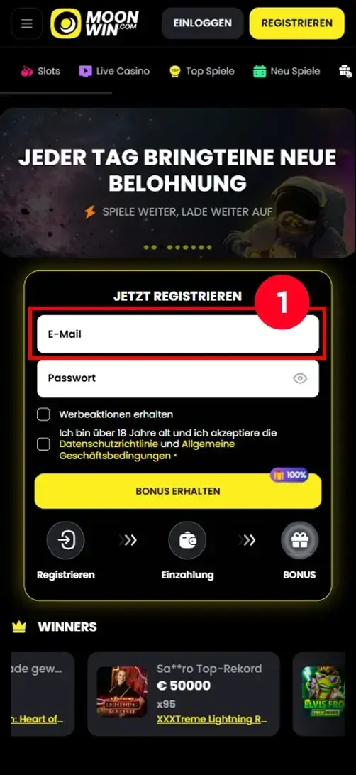 MoonWin Casino Registrierung Email