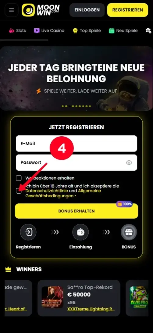 MoonWin Casino Registrierung Zustimmung
