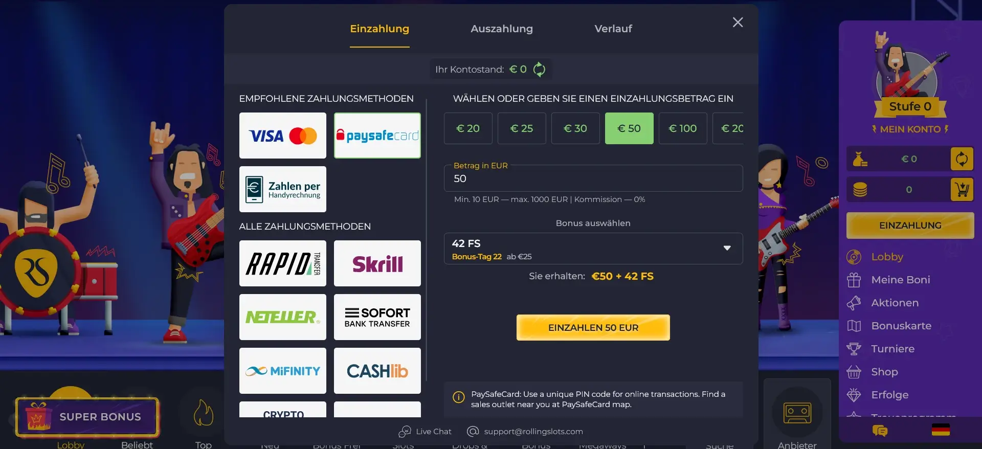 Einzahlung per Paysafecard im Rolling Slots Casino
