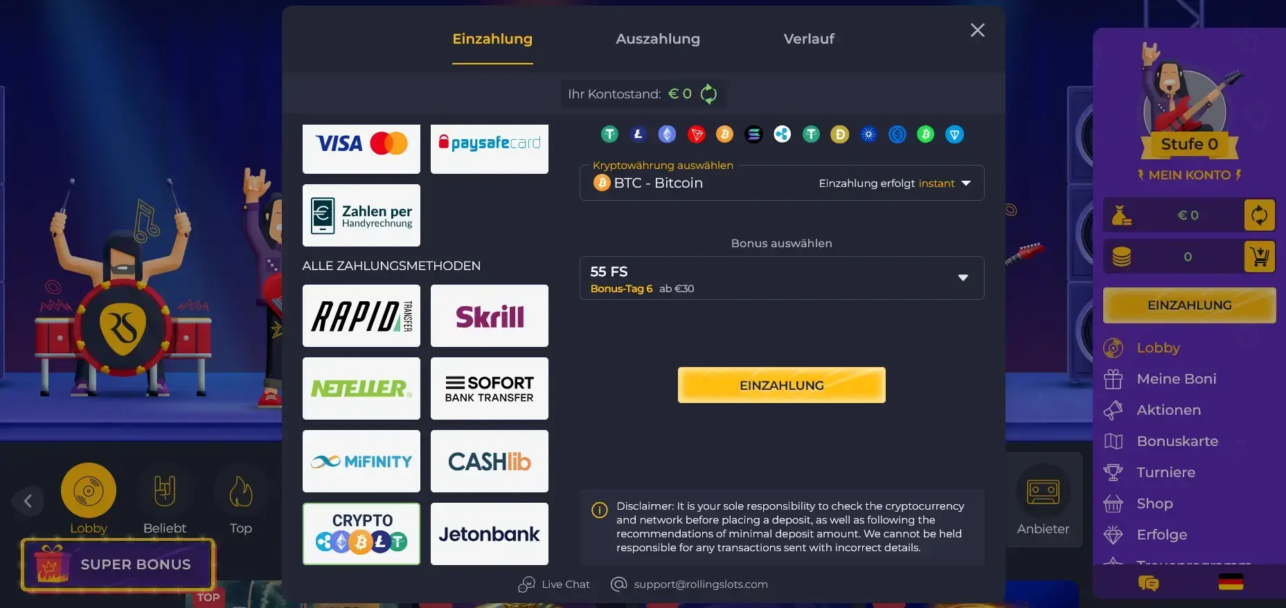 Rolling Slots Einzahlung mit Bitcoin Zahlungsmethoden