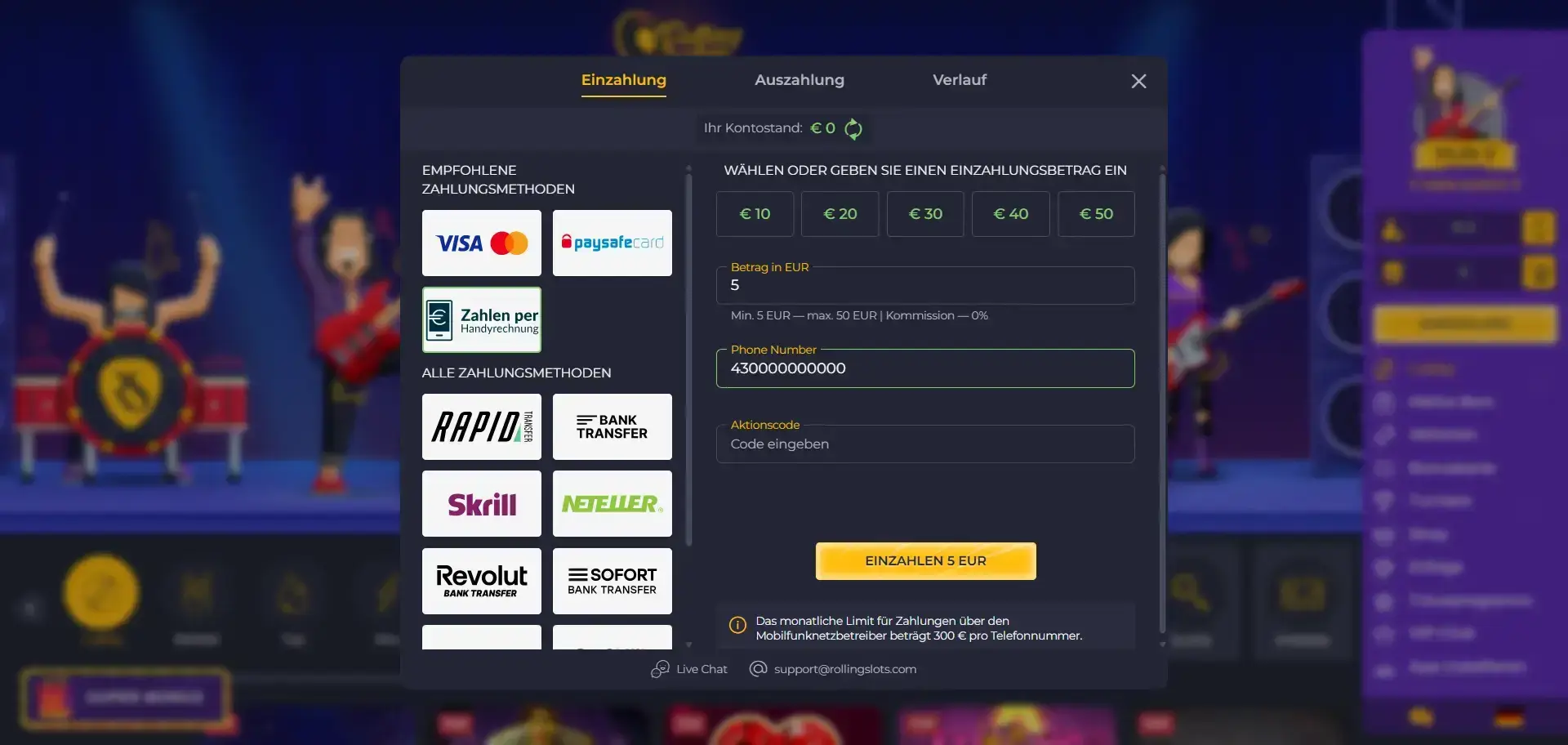 Rolling Slots ermöglicht flexible Einzahlungen mit niedriger Casino Mindesteinzahlung und verschiedenen Zahlungsmethoden Rolling Slots Casino Mindesteinzahlung Einzahlung
