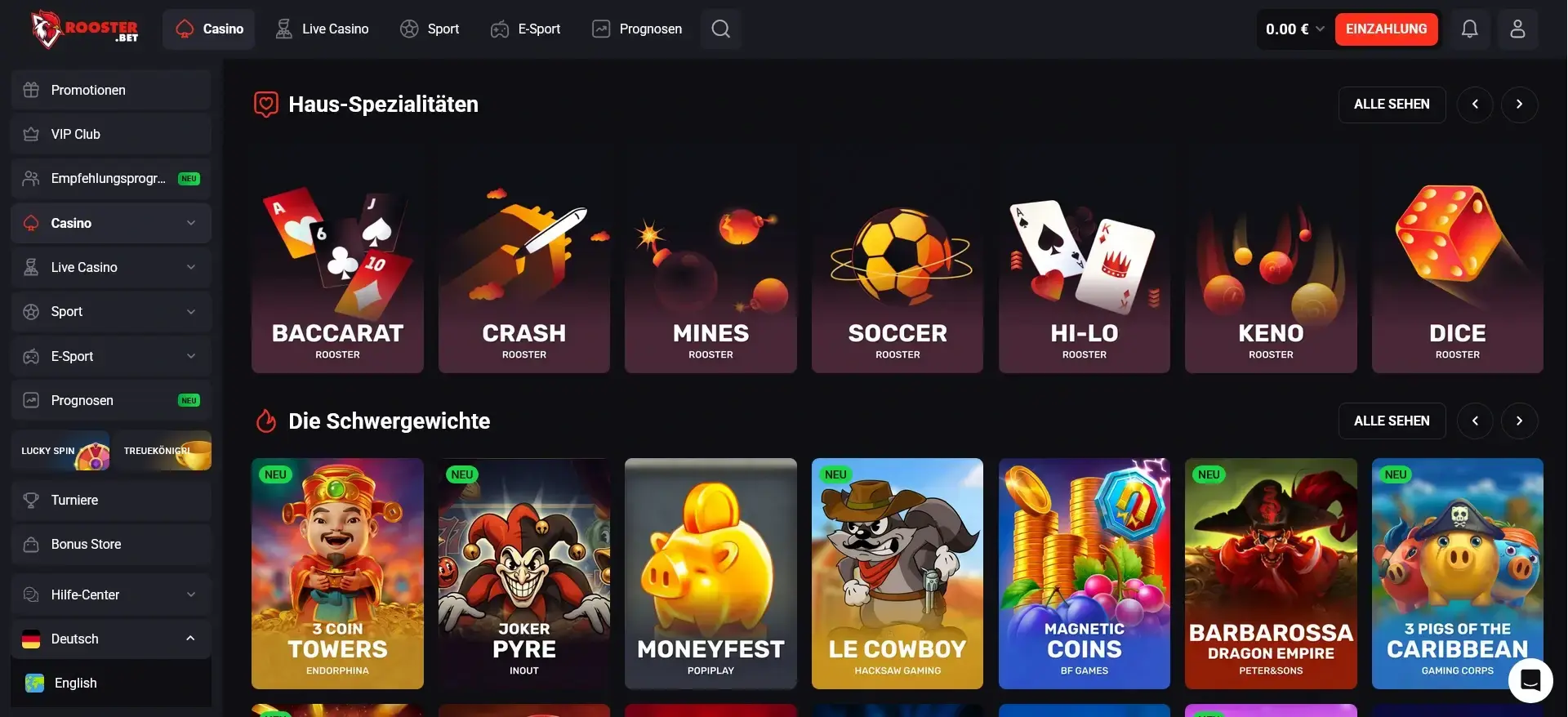 Spielebereich im Rooster Bet Casino
