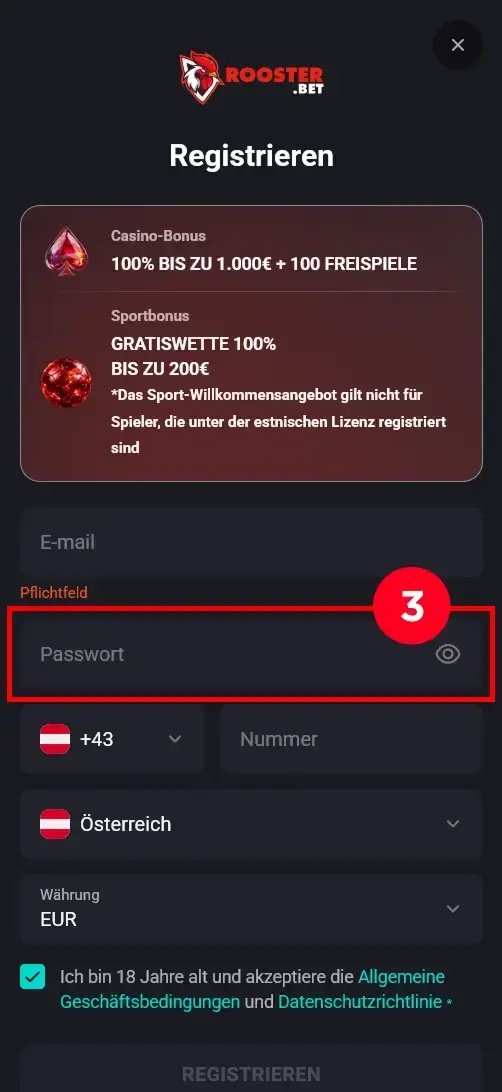 Sicheres Passwort festlegen im Rooster Bet