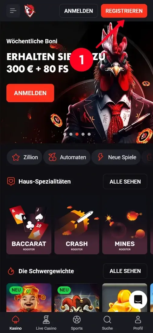 Registrierung im Rooster Bet Casino