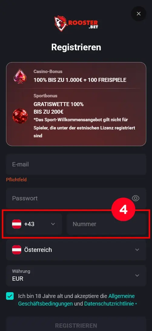 Telefonnummer bei Rooster Bet bestätigen