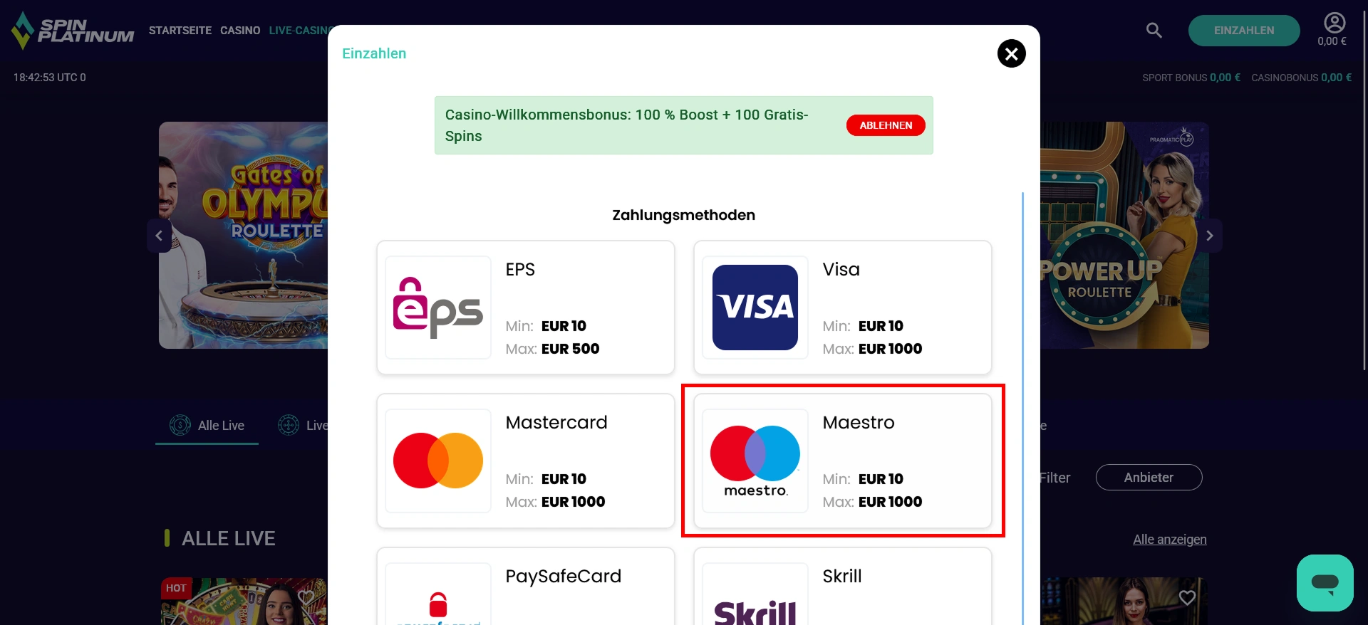 Maestro als Einzahlungsmethode im Spin Platinum Casino
