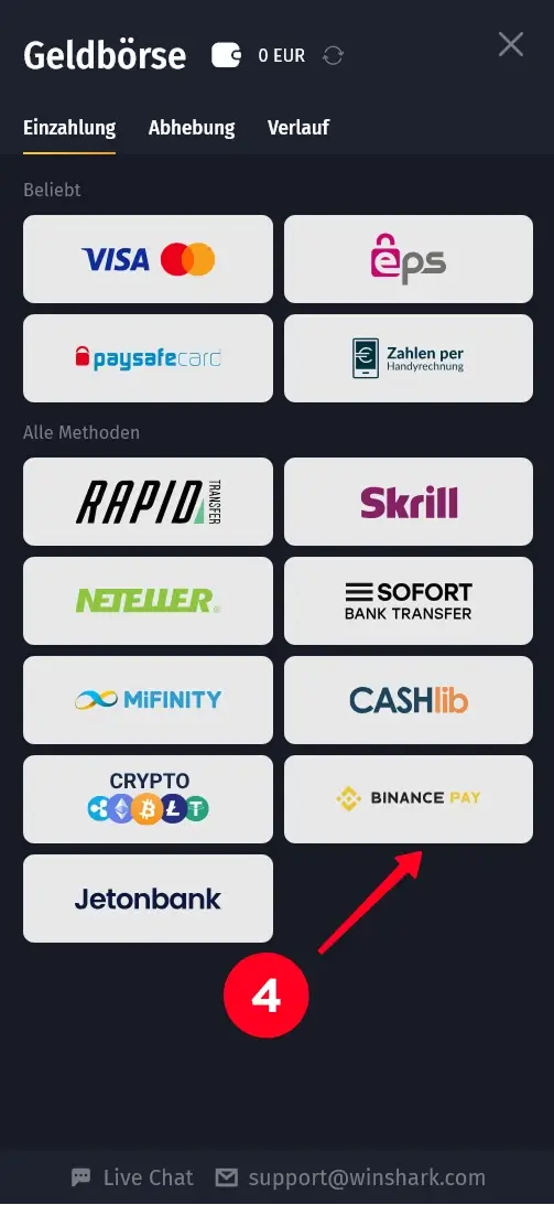 Zahlungsmethoden mit Binance Pay im Winshark Casino