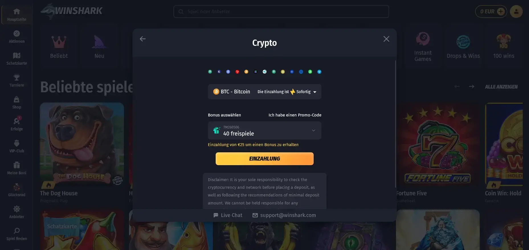 WinShark Bitcoin Casino Bonus und Krypto Einzahlung