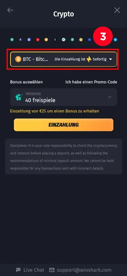 WinShark Bitcoin Einzahlung mit Freispiele Bonus