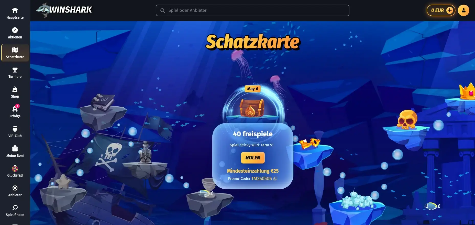 WinShark Schatzkarte Freispiele Bonus Aktion