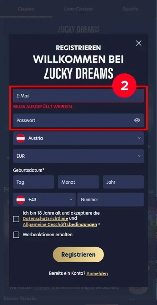 Zugangsdaten im Lucky Dreams Casino