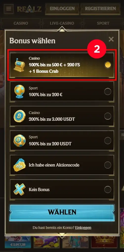 Casino Bonus auswählen mit 100 Prozent Bonus und Freispiele bei Realz Casino