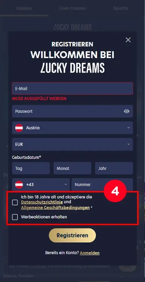 Bedingungen im Lucky Dreams Casino akzeptieren