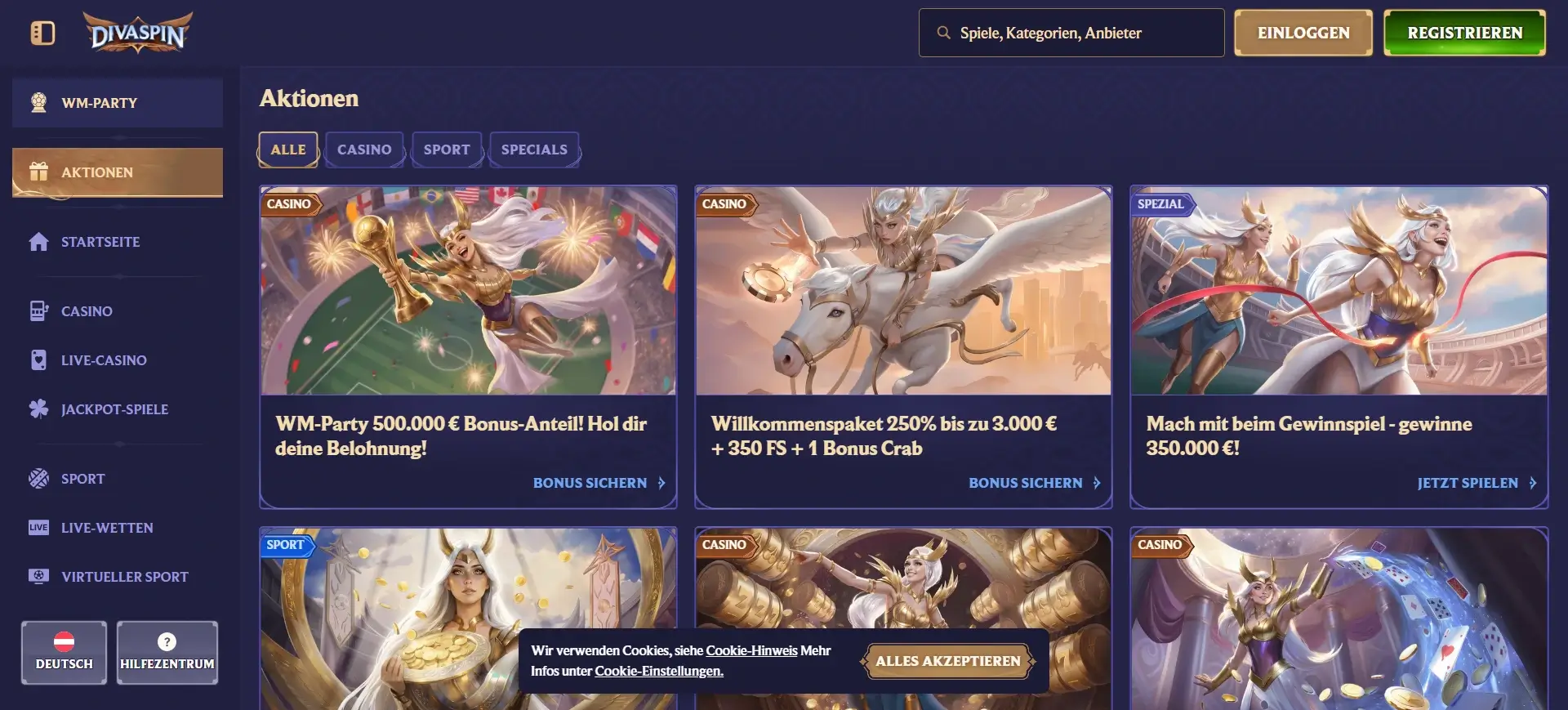 Die Aktionsseite des Diva Spin Casinos zeigt aktuelle Bonusangebote für Casino und Sport, darunter ein Willkommenspaket von 250% bis zu 3.000€ plus 350 Freispiele sowie ein WM-Party-Bonus mit 500.000€ Bonus-Anteil Diva Spin Casino Aktionen mit Boni und Freispielen