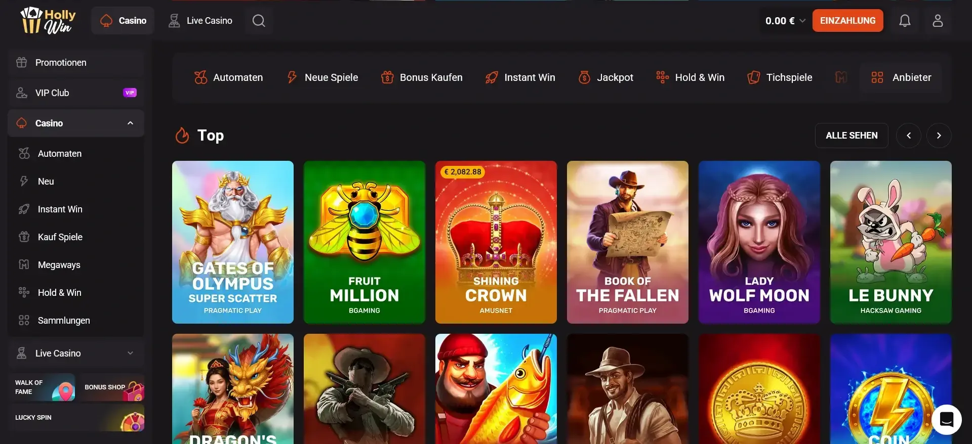 Top Spielautomaten bei Hollywin Casino
