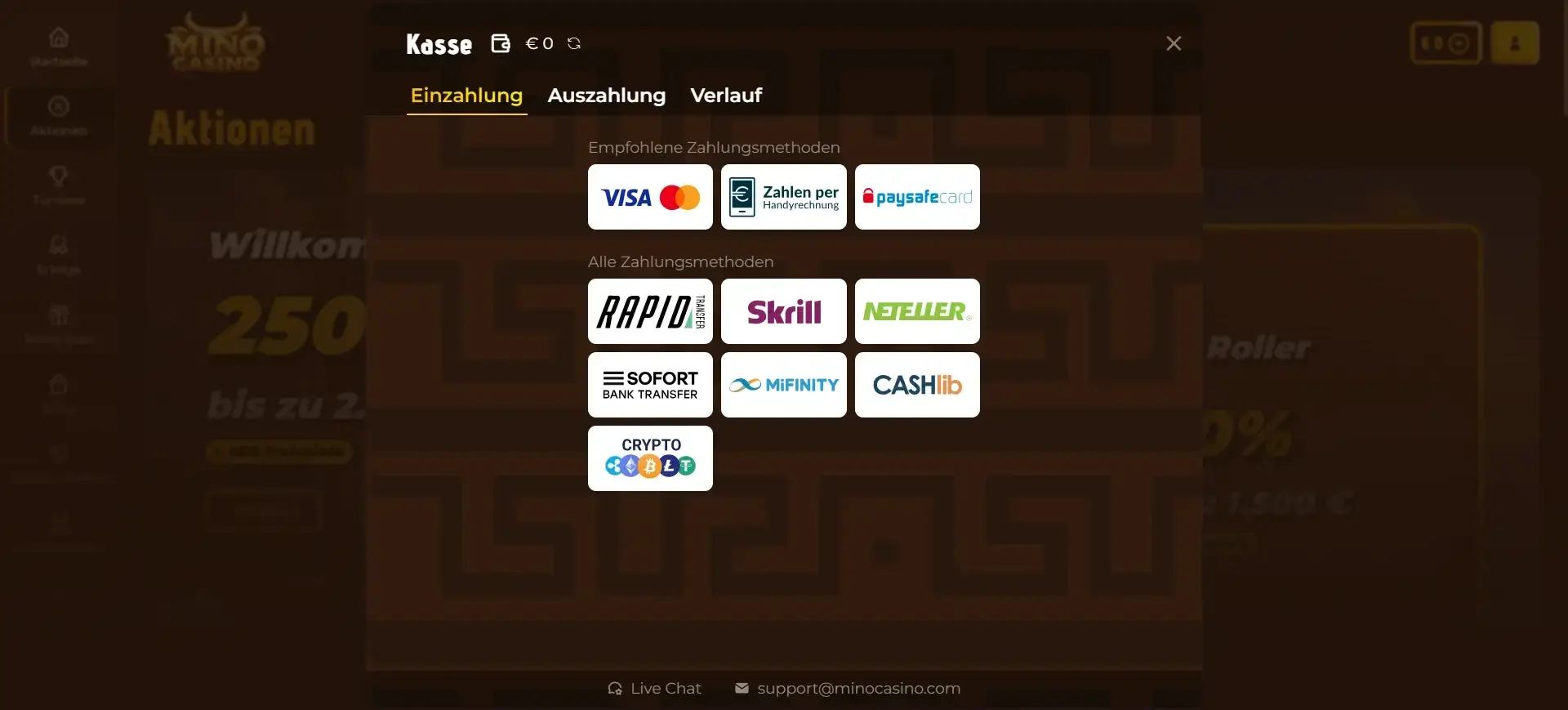 Mino Casino Zahlungsmethoden mit schnellen Auszahlungen