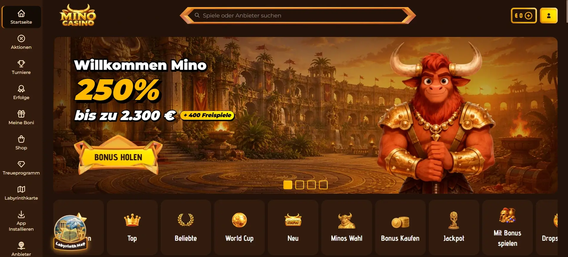 Die Startseite des Mino Echtgeld Casinos mit einem Willkommensbonus von 250% bis zu 2.300€ plus 400 Freispielen sowie einer übersichtlichen Spielkategorienleiste Mino Echtgeld Casino Startseite mit Willkommensbonus