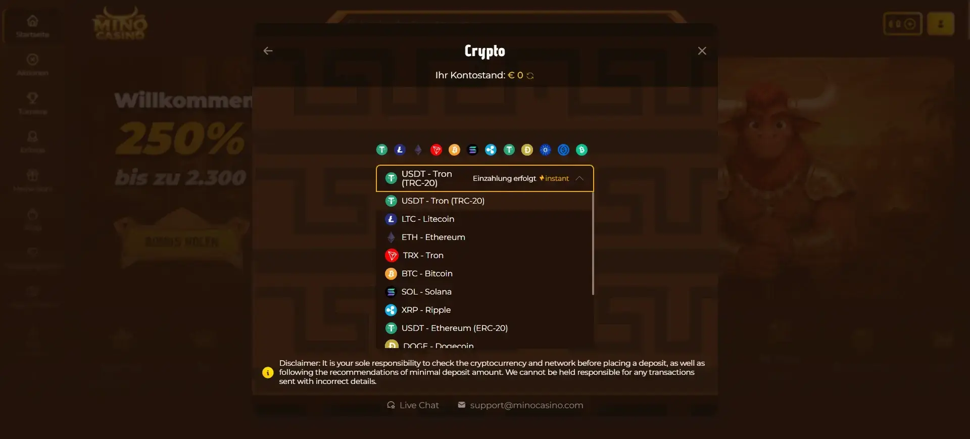 Mino Casino Kryptowährungen zur Einzahlung