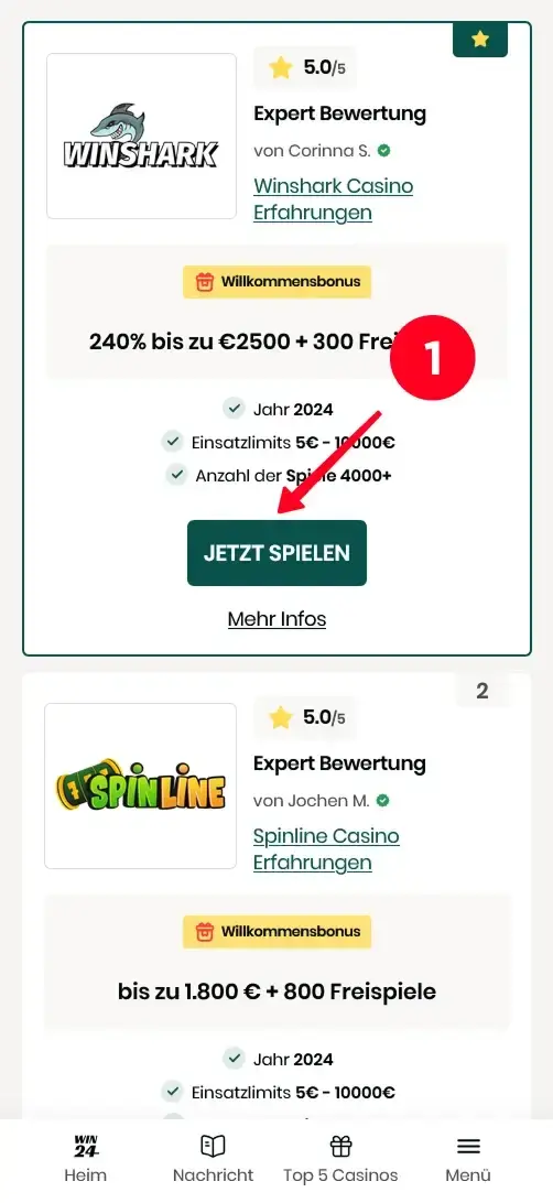 Winshark Casino ohne Registrierung auswählen