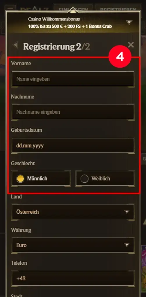Registrierungsabschnitt mit persönlichen Angaben im Realz