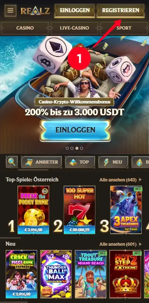 Realz Casino Registrierung starten und Willkommensbonus sichern
