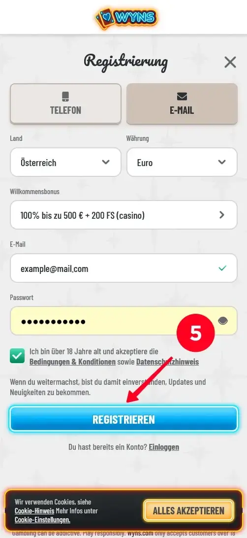 Konto im Wyns Casino bestätigen