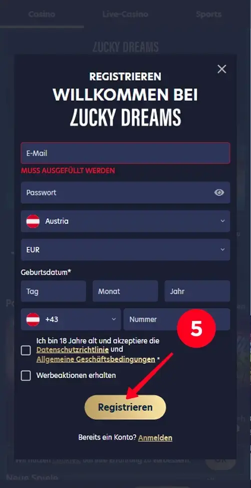 Konto im Lucky Dreams Casino erstellen
