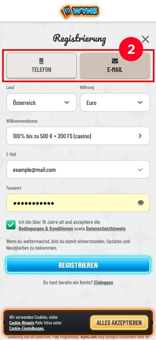 E-Mail-Anmeldung im Wyns Casino