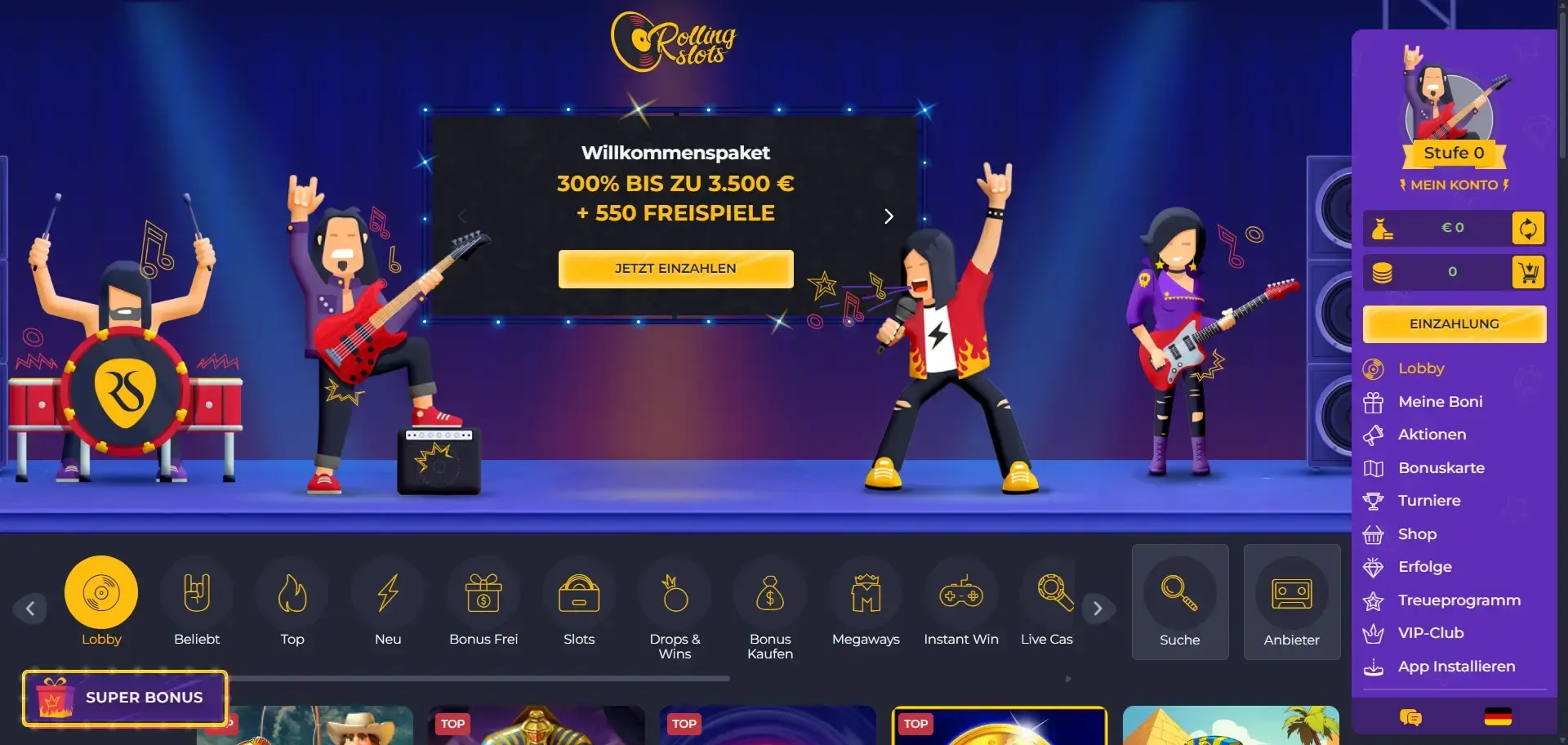 Auf der Startseite vom Casino ohne Anmeldung verschiedene Spielbereiche und Funktionen entdecken Lobby im Rolling Slots Casino ohne Anmeldung