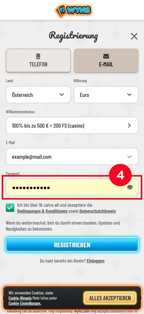 Passwort im Wyns Konto festlegen
