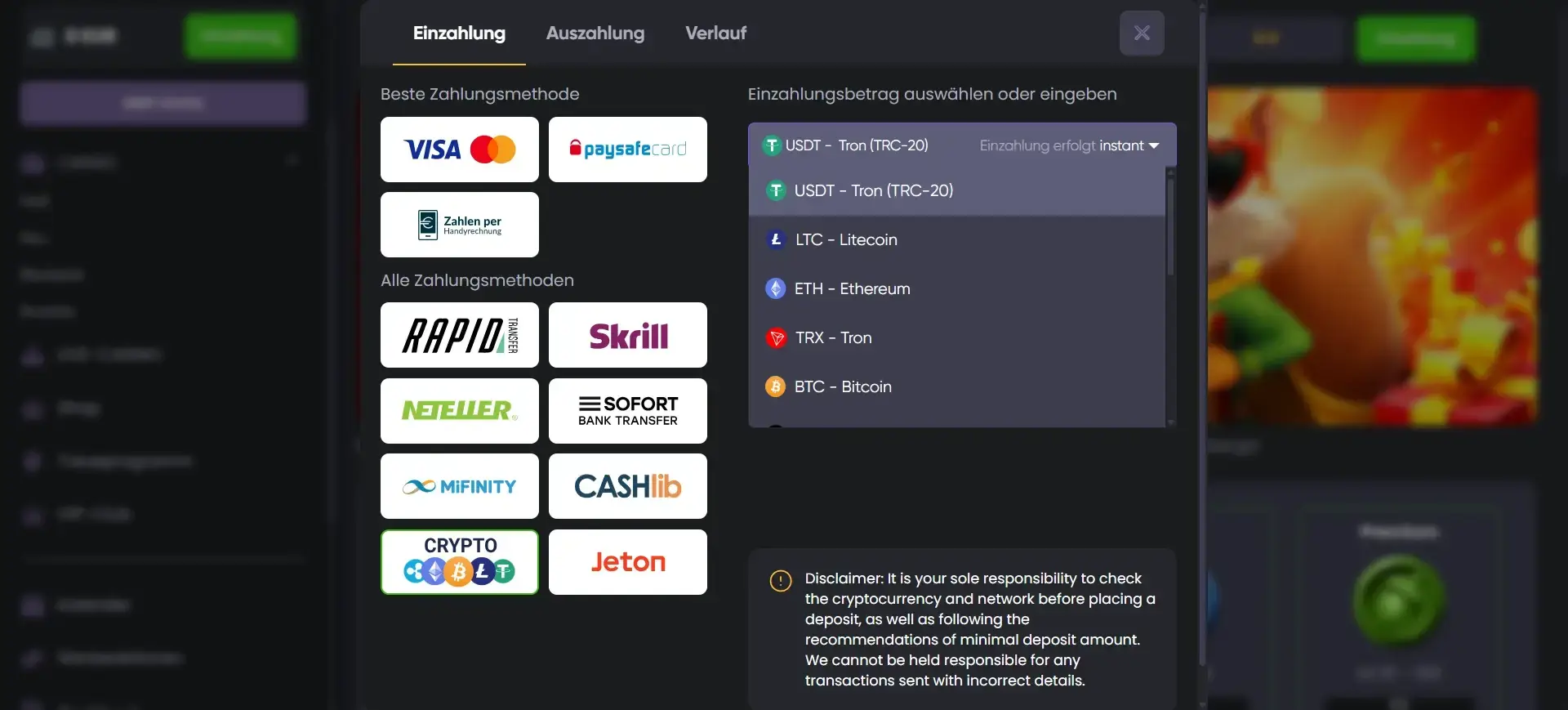 Krypto Einzahlungsmethoden bei Spinline Casino