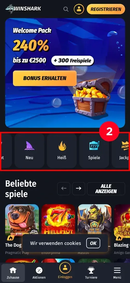 Winshark Casino ohne Registrierung Menü