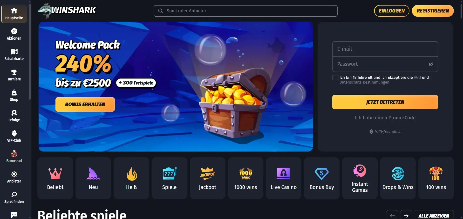 Im Casino ohne Anmeldung zwischen Slots Kategorien im Winshark Casino ohne Anmeldung