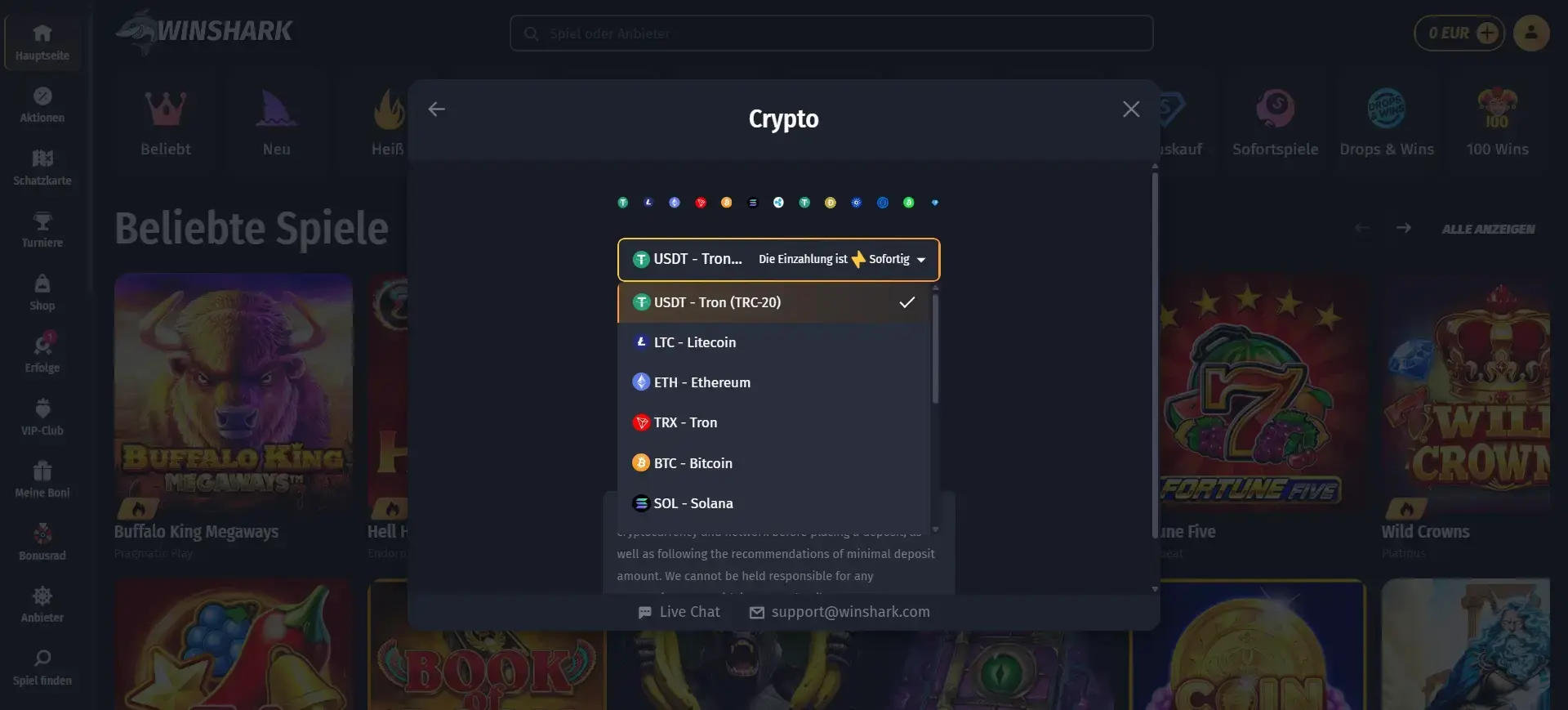 WinShark Casino Krypto-Zahlungsfenster