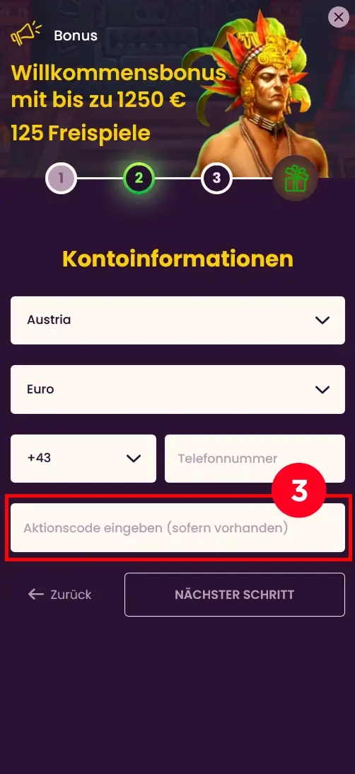 Aktionscode-Feld für 100 Freispiele ohne Einzahlung im Bizzo Casino