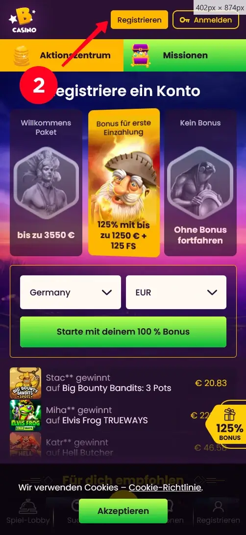 Bizzo Casino Registrierung für 100 Freispiele ohne Einzahlung