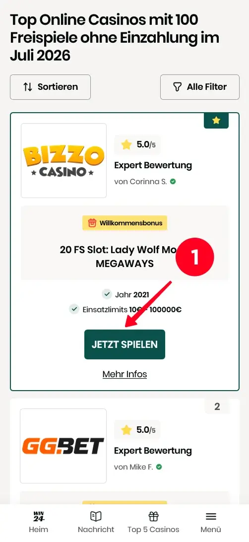 Top Casinos mit 100 Freispielen ohne Einzahlung