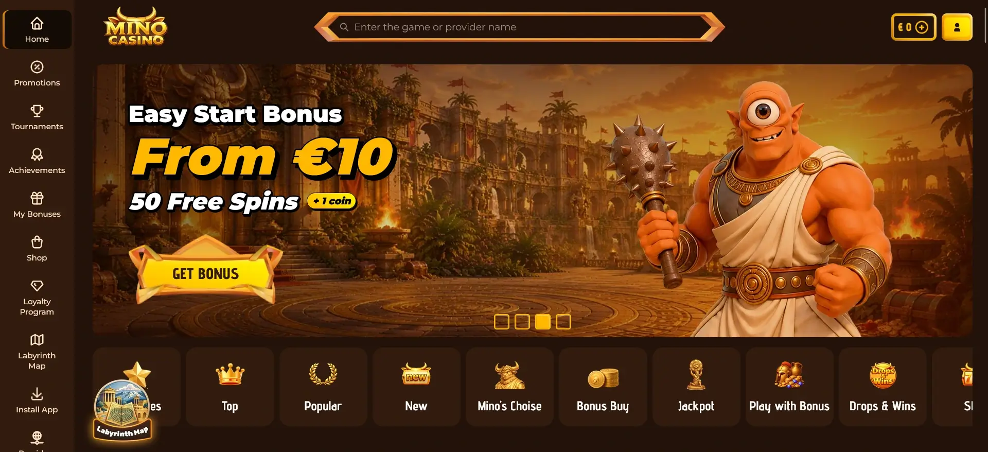 Mino Online Casino Startseite mit Easy Start Bonus